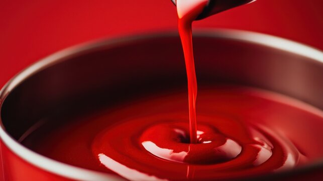 A stream of glossy red paint is being poured into an open metallic can against a matching red background.