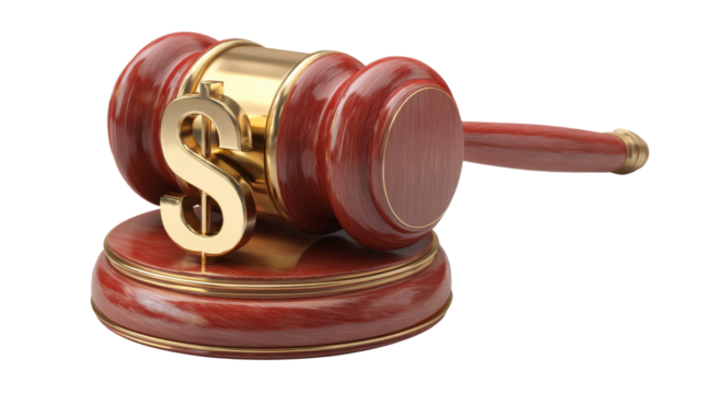 Wooden gavel and dollar symbol on transparent background representing legal monetary decisions.
