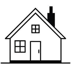 Simple black outline drawing of a house with a chimney and windows isolated on white background