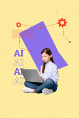 Composite zine pop trend collage of serious teenage schoolgirl surf laptop artificial intelligence...