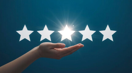 Businesswoman hand holding stars isolated on blue background, An open hand reaching up towards a row of glowing white stars, set against a solid deep blue background.
