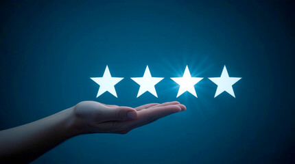 Businesswoman hand holding stars isolated on blue background, An open hand reaching up towards a row of glowing white stars, set against a solid deep blue background.