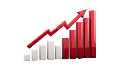Red arrow goes up over ascending white and red columns on transparent background.

