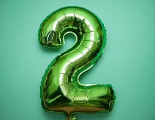 green foil balloon shaped like the number two floating against a plain background ideal for celebrations