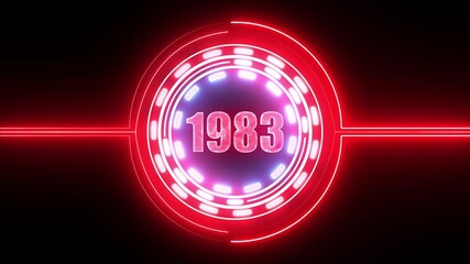 1983 text with screen effects of technological failures. Concept of counting years. Past year technology concept