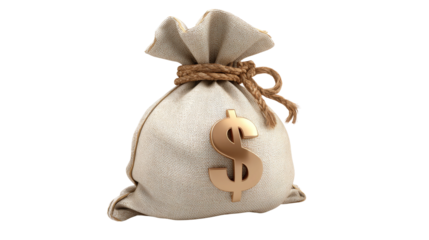 Money bag with golden dollar sign isolated on transparent background.