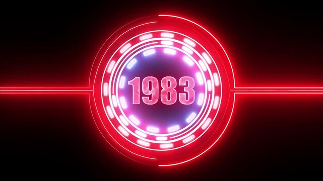 1983 text with screen effects of technological failures. Concept of counting years. Past year technology concept