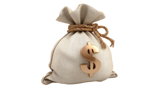 Money bag with golden dollar sign isolated on transparent background.