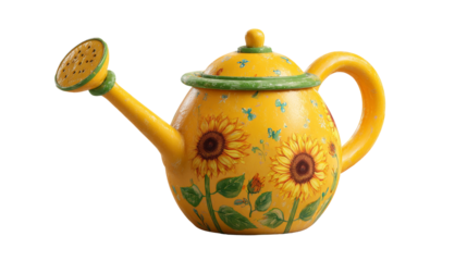 Isolated sunflower decorated watering pot with a sprout and handle on transparent background.