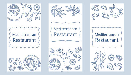 Set of banner templates with hand drawn outline mediterranean food. Perfect for cafe flyer, restaurant brochure, delivery booklet