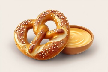 Stuffed pretzel served with creamy cheese dip on a clean white background displaying a tempting snack option for food lovers