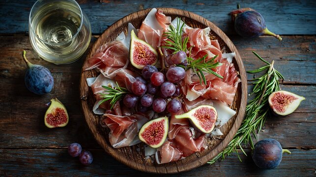 Flat lay of fig and prosciutto platter with grapes, rosemary, and wine glass on wooden table