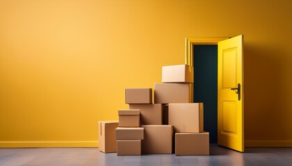 stacked cardboard boxes near an open yellow door moving or delivery concept with vibrant color
