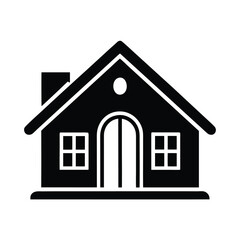 Simple black house icon with chimney and windows isolated on white background