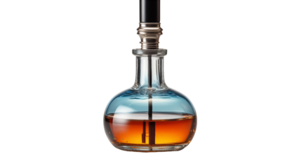 Glass decanter showcasing a layered amber liquid, set emphasizing its rich color and potential for creative displays, transparent background.