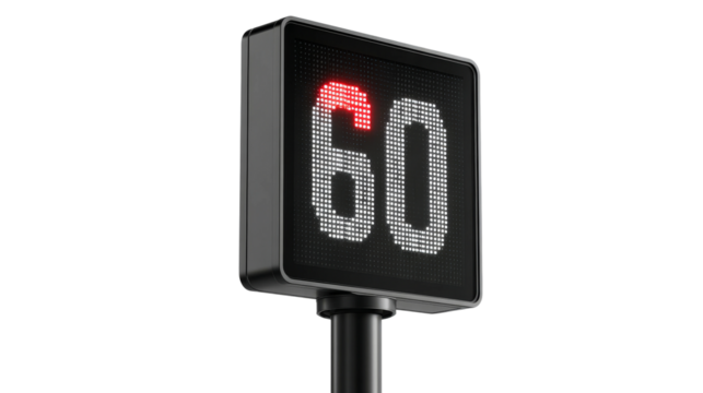 Electronic display shows a speed of sixty on a pole isolated against transparent background.
