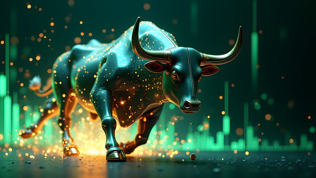 A cyber bull breaks through a data storm &mdash; a symbol of unstoppable momentum and rising market force.