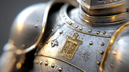 Shiny, detailed medieval knight armor with intricate engravings on the chest plate, photographed up close.
