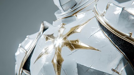 Shiny white and gold medieval armor with a star-shaped emblem reflecting light on the chest plate.