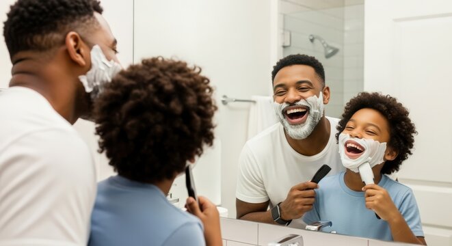 A father teaching his teenage son how to shave