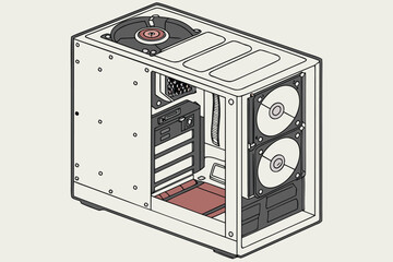 Detailed Illustration of an Open Computer Case Showing Internal Components Like Motherboard, GPU, and Cooling Fans