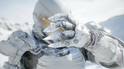 A futuristic armored figure with an icy, robotic hand stands in a snowy landscape, reaching toward the camera.