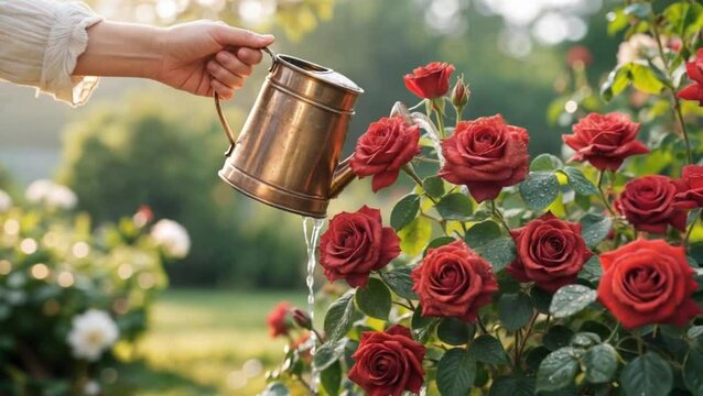Una mano  sostiene una antigua regadera de cobre, vertiendo agua en rosas rojas 