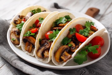 Vegan mushroom tacos served fresh with cherry tomatoes and cilantro on a white plate focusing on plant-based ingredients and flavors