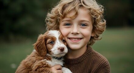 Young boy with freckles and curly hair holding a cute brown and white fluffy puppy. Childhood friendship concept.