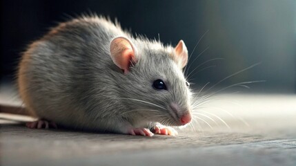 A charming light grey or silver pet rat sits alertly on a textured, dark surface, illuminated by a gentle spotlight from above. This intelligent rodent's whiskers