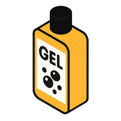 Shower Gel Bottle Isometric Icon, Plastic, Yellow & Black, Transparent Background