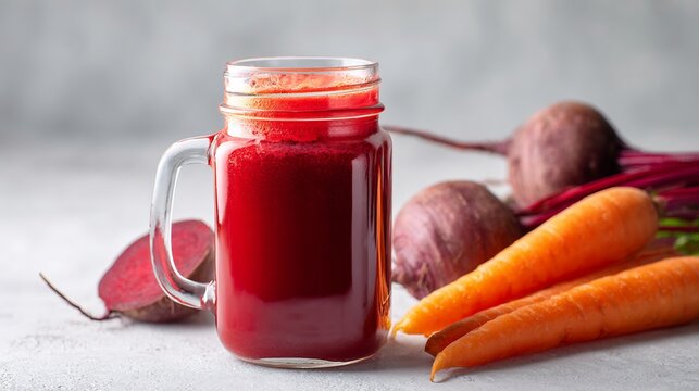 Bright red beet and orange carrot juice in a mason jar rich layered color clean white studio lighting clear 