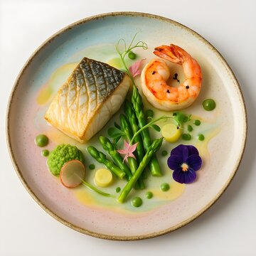 artistic fish grilled and shrimp with vegetables