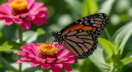 Fototapeta premium Monarch butterfly delicately perched upon a vibrant pink zinnia blossom