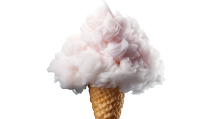 An appetizing pink cotton candy rests atop a waffle cone, perfect for dessert promotions, transparent background.
