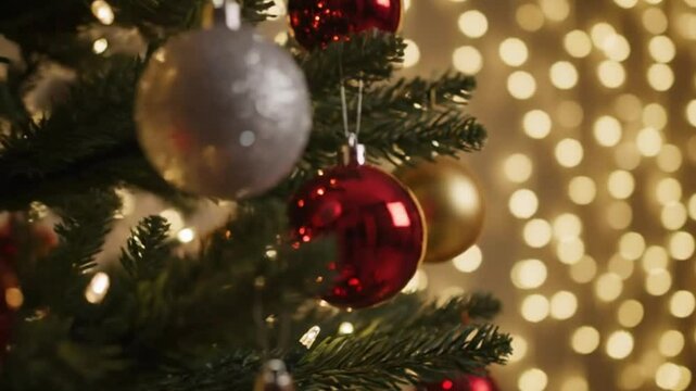 Baubles and Blurred Shiny Lights Christmas Tree, Festive Holiday Decoration with Glowing Seasonal Ambien
