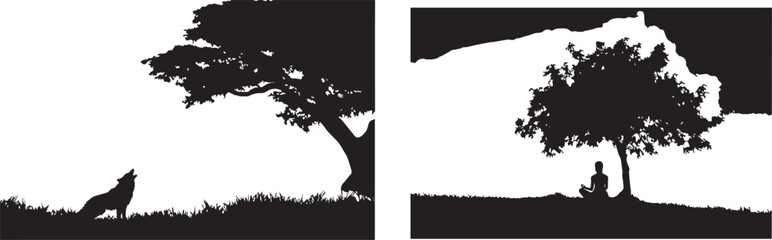 Set of grunge style tree silhouettes with vintage ink brush design elements.