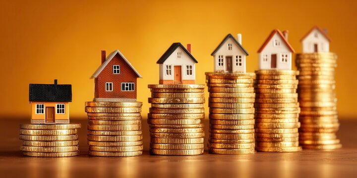 Housing market growth showing toy houses stacked on golden coins