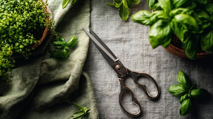 Flat lay of table runner with linen wrinkles, fresh greens, and garden scissors beside lunch setup