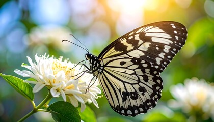 Fototapeta premium Butterfly on white flower, bokeh background