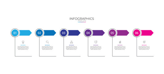 Design template infographic. 6 step process infographic element with icons can be used for workflow, business information and web graphic design 