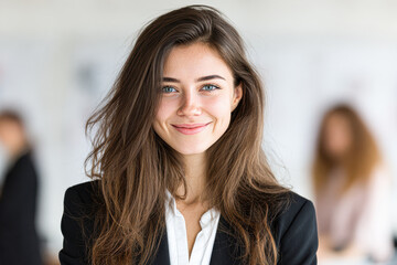 Fototapeta premium A confident young woman with long brown hair smiles warmly, dressed in a professional black blazer and white shirt, standing in a blurred office background.