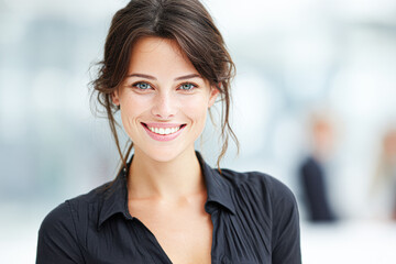 Obraz premium A confident young woman with blue eyes and dark hair smiles warmly, dressed in a black shirt, in a bright, professional indoor setting.