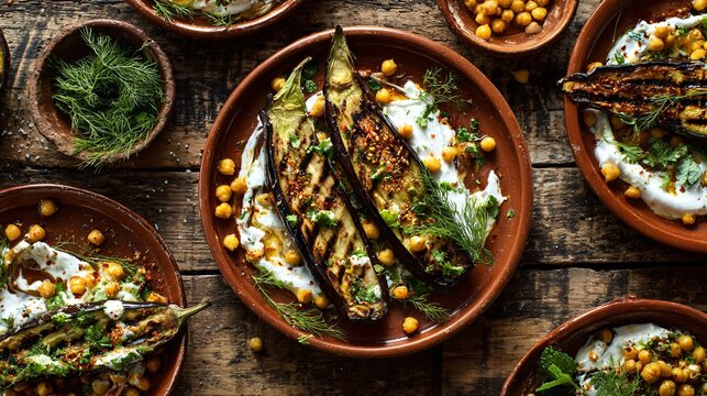 Flat lay of terracotta dishes with grilled eggplant, chickpeas, and herbed yogurt on wood backdrop - Powered by Adobe