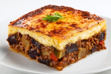 Vegetarian moussaka slice presented on a clean white background showcasing layers of eggplant, lentils, and creamy topping