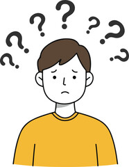 Sad boy with scattered question marks