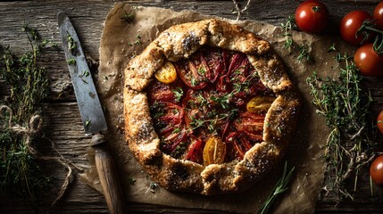 Flat lay of tomato galette, wild thyme, and vintage knife on cracked wooden table