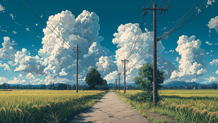 Anime Rural Road with Fields, Telephone Poles, and Puffy Clouds under Clear Sky