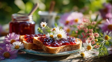Garden florals and edible herbs framing simple breakfast scene with jam toast