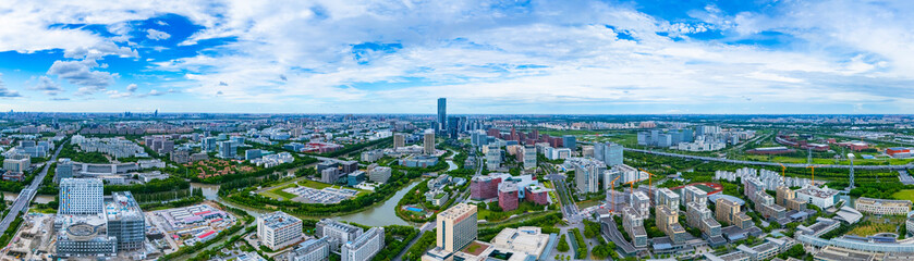 Obraz premium Panoramic aerial view of Shanghai Zhangjiang Hi Tech Development Zone on sunny day.